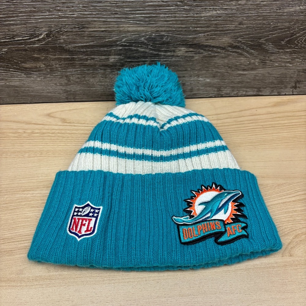 Miami Dolphins Hat Cap Beanie Blue White Orange NFL Football Winter New Era Pom